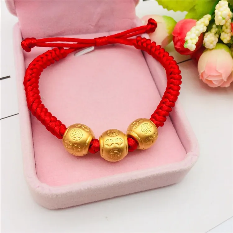 

Viet Nam Alluvial Gold Jewelry Brass Gold Plated Accessories Fu Character round Beads Bracelets Fashion Weaving Red Rope Bracele