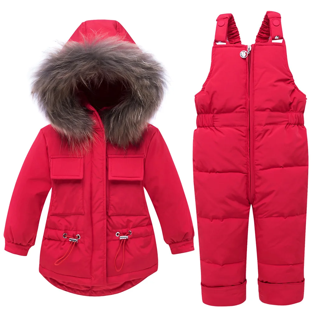 Комплекты одежды для маленьких мальчиков и девочек Детский пуховик зимний супер теплый Детский костюм с капюшоном из натурального меха Зимний костюм толстый