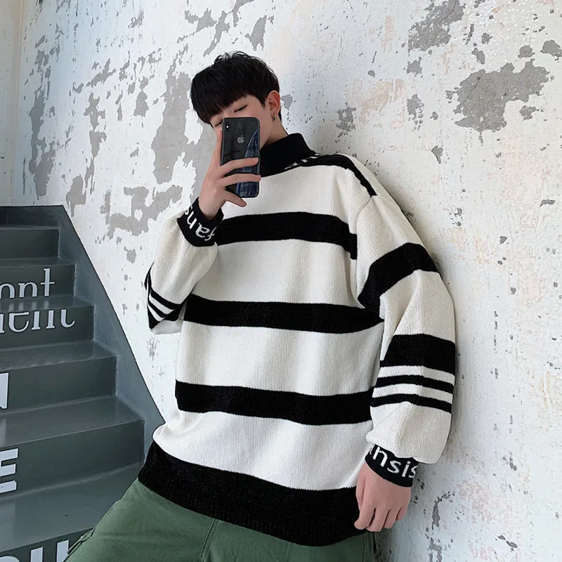 Winter New High Collar Sweater Men Fashion Contrast Color Striped Casual Knit Sweater Man Streetwear Wild Loose Warm Sweater Winter New High Collar Sweater Men Fashion Contrast Color Striped Casual Knit Sweater Man Streetwear Wild Loose Warm Sweater