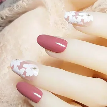 

24pcs nail fake acrylic Bean Paste Color Decor Flower Jump Color Wedding Bride Full Nails Tips Patches With Glue press on