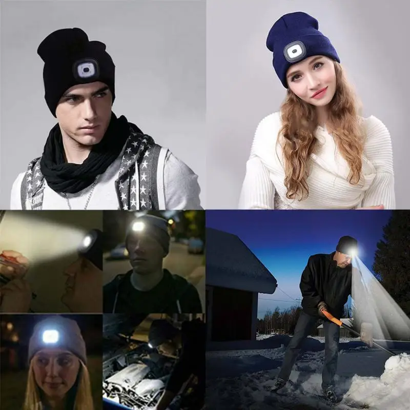 beanie cap VIP 4 LED Lighted Cap Warm Beanies Hands Free Battery Type Unisex Keep Warm Battery Type For Camping Running skully hat men's