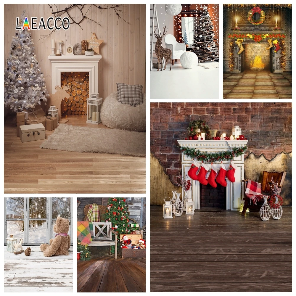 

Laeacco Christmas Photocall Tree Ball Fireplace Deer Gift Light Wreath Photography Backdrops Photo Backgrounds For Photo Studio