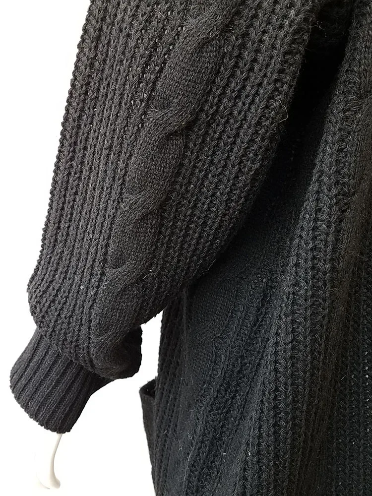 Осень и зима свитер женский средней длины Большой двойной карман твист вязаный кардиган
