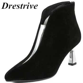 

Drestrive Women Ankle Boots Kid Suede High Heels 6.8 cm Pointed Toe Spring Classics Female Shoes Snakeprint Zipper Pigskin