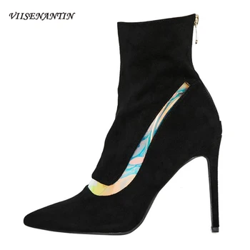 

European Style Stiletto High Heels Fashion Back Zipper Pointed Bling Decor Black Flock Short Boots Women Elastic Ankle Boots