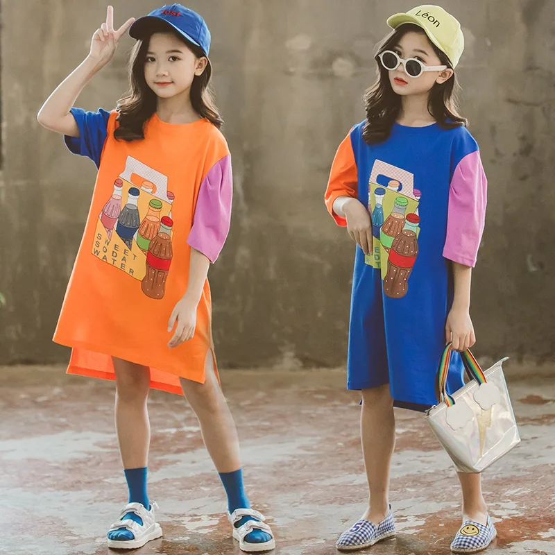 Детские платья для девочек; летнее платье с принтом «кола» для девочек-подростков; Новинка года; комбинированное платье; свободное Хлопковое платье с разрезом; модная одежда