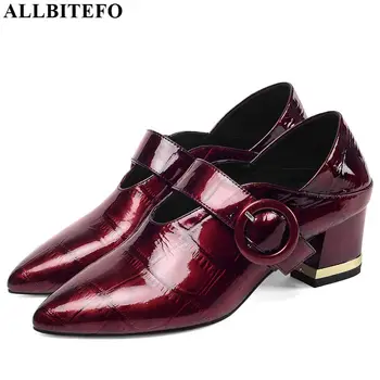 

ALLBITEFO real genuine leather high heel shoes pointed toe women heels spring autumn high heels Belt buckle office ladies shoes