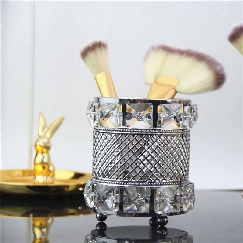 

Crystal Makeup Tube Organizer Europe Metal Makeup Brush Storage Eyebrow Pencil Makeup Pen Cosmetic Jewelry Organizer Box