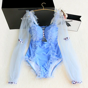 

STAERK bodysuit pushap lace swimsuit monokini women swimwear swimming suit push up tropical blue long sleeve one-piece Retro Bat