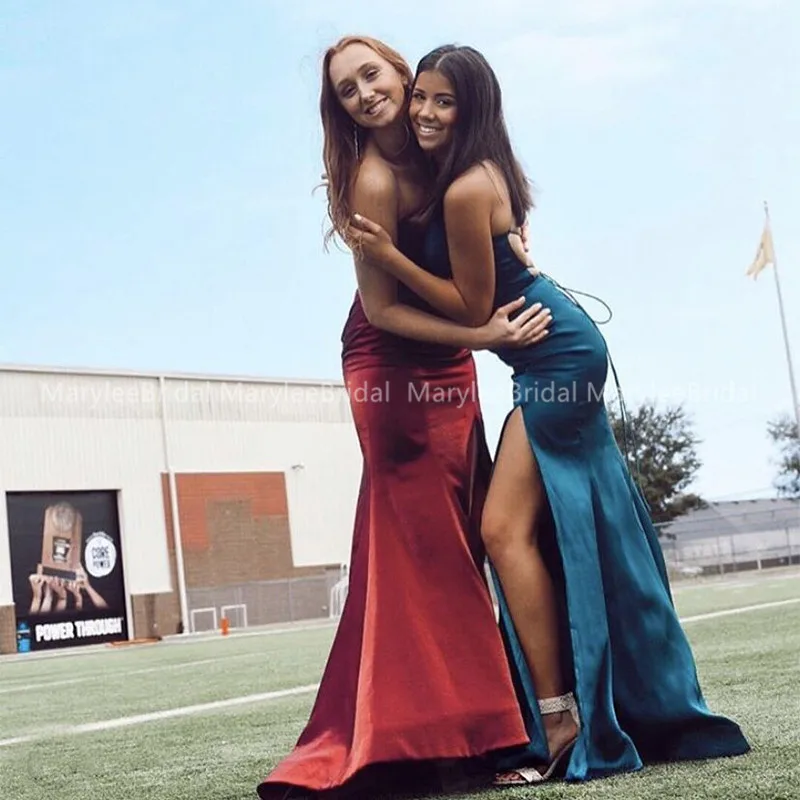 Новинка, длинное платье русалки для выпускного вечера, темно-красное, vestido de festa, сексуальное, с высоким разрезом, стрейчевое, атласное, дешевое, официальное, вечернее платье, платья для выпускного вечера