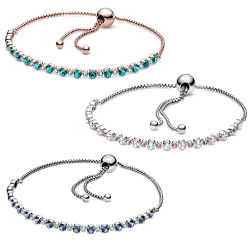 

2020 Summer New High-quality Original 1:1 Sterling Silver 925blue And Clear Rose Turquoise Sparkling Slider Tennis Bracele