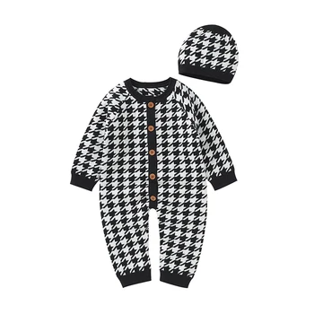 Pagliaccetto neonato in cotone lavorato a maglia per bambina cappello da tutina 2 pezzi bambino ragazzi abbigliamento per bambini manica lunga autunno pied de poule Set