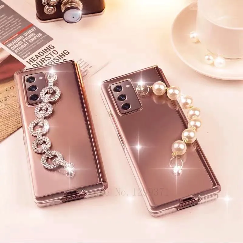 Custodia Trasparente Moda Ragazza Per Samsung Galaxy Z Fold 2 3 W21 5G Bling Crystal Pearl Diamond Bracelet Hand Chain Case Cover
