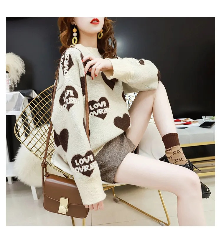 Letter Heart Oversized Sweater Women Knitted Winter Jumper Korean Harajuku Elegant Pullovers Casual Clothes Warm Loose V901