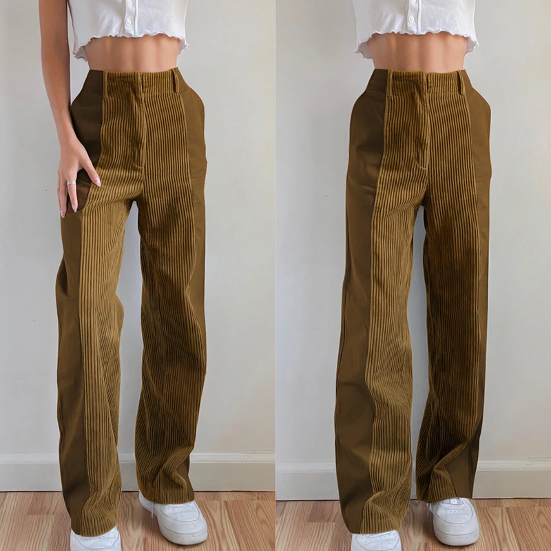 

Zoulv 2020 Autumn and Winter Stitching High Waist Slim Corduroy Straight Casual Pants Party Overalls 90' S Street Wear