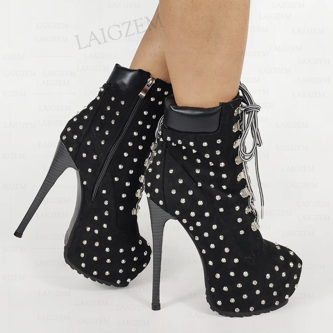 

LAIGZEM Studded Platform Boots Faux Suede Stiletto High Heels Lace Up Short Boots Shoes Woman Botines Large Size 43 44 50 51 52