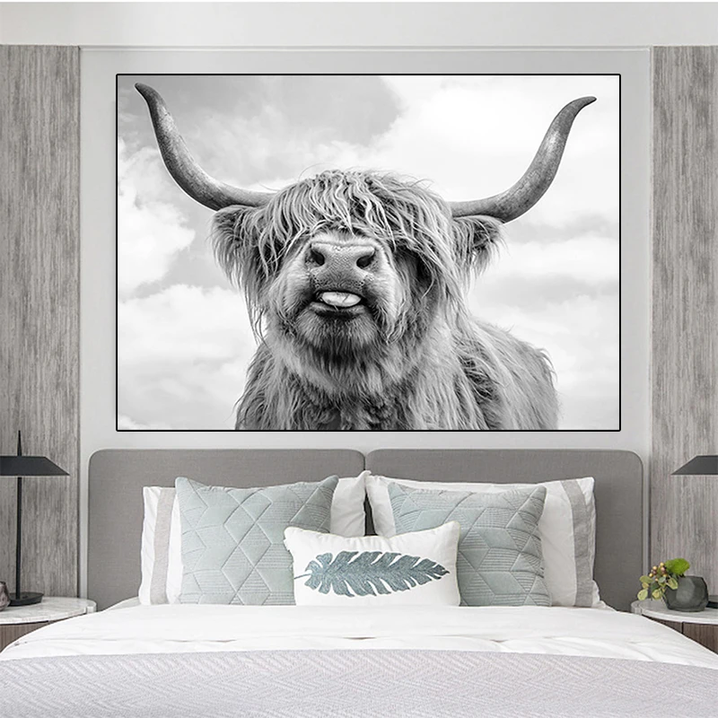 Черный белый цвет Як Highland плакаты с изображением коровы и принты дикий картина