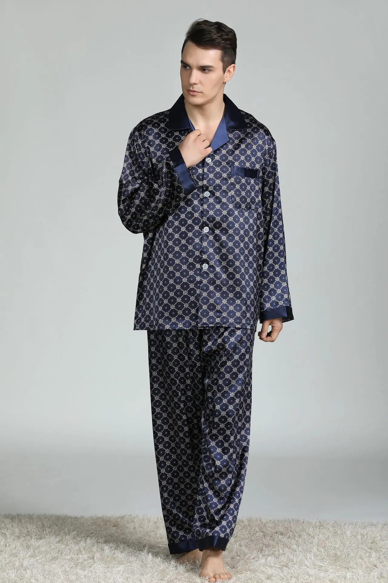 Mens Pajama Set Silk Pajamas for Men Sleepwear Sexy V-collar Cozy Soft Long Sleeve Nightgown Tops+ Trousers Two Piece Set