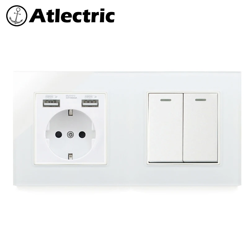 Atlectric DE EU Plug Power Socket Dual USB Port 1 2 3 4 Gang Light Button Switch Wall Socket Double Electrical Glass Outlet