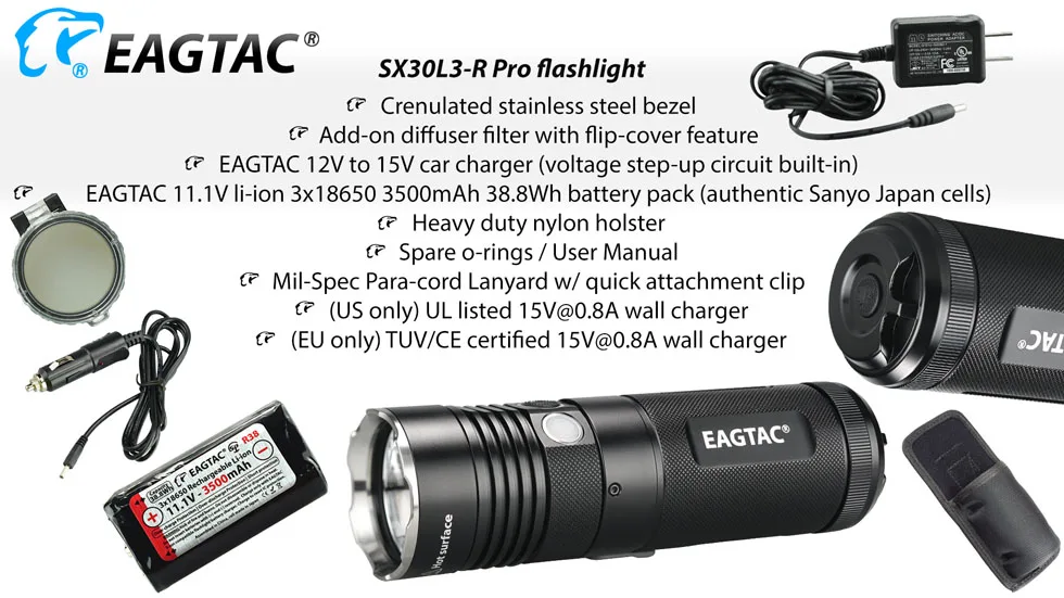 EAGATC SX30L3-R Pro LED Flashlight XHP70.2 4850 Lumens Compact Torch Five Outputs Built in Rechargeable 18650 3500mAh Battery