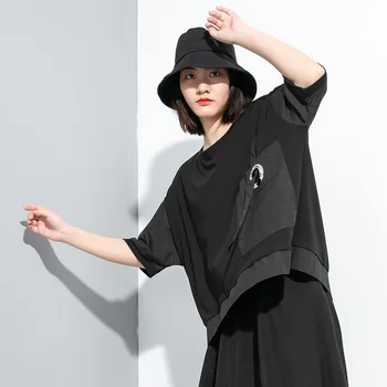 

2020 Summer O Neck Black T-shirt For Women With Button Irregular Tops And Tees Female Short Sleeves Streetwear Pullovers