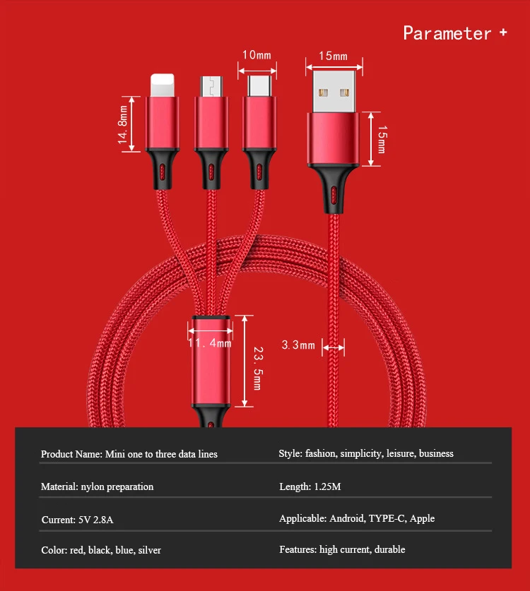 3 в 1 Micro/8 Pin/type C зарядный кабель в оплетке с тройным кабелем для передачи данных многофункциональная синхронная Зарядка для IPhone samsung