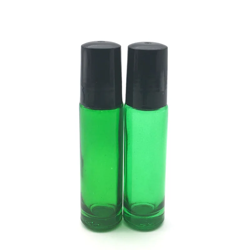 

50pcs 10ml Roller Glass Bottle Empty Essential Oil 10cc Roll-On ball thick Perfume Green Glass Bottle with Black Plastic Cap