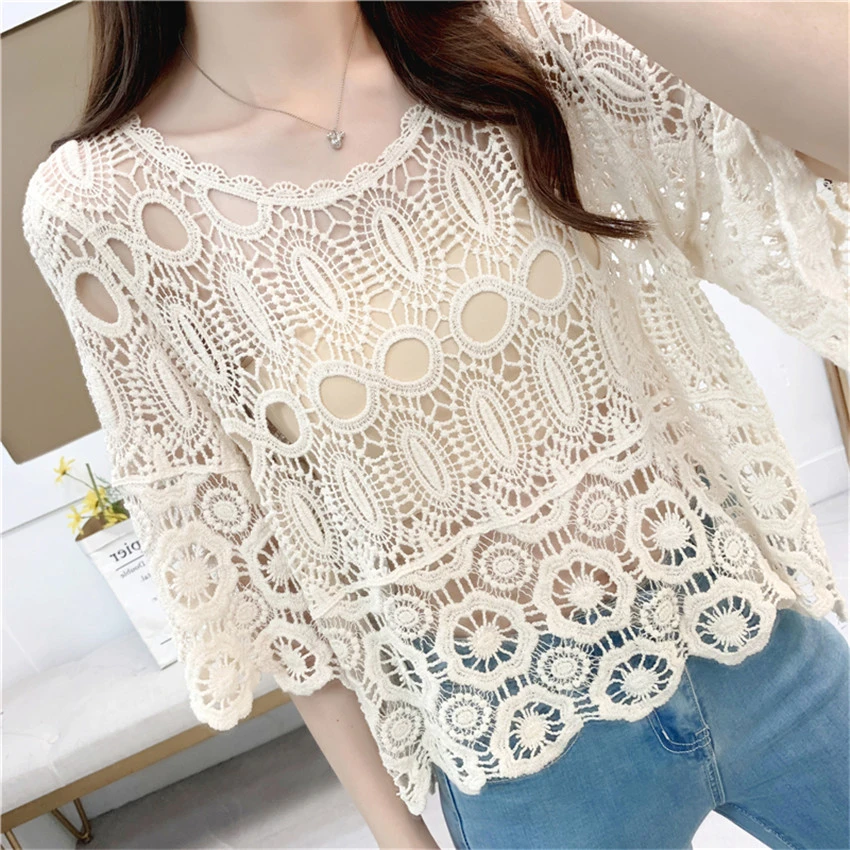 Camiseta informal de Crochet para mujer, ropa de playa Sexy, ropa de baño  de moda para verano|Cover-up| - AliExpress