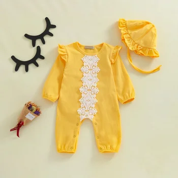 

Baby Pure Cotton Covered Button Set Newborn Girls Spring Autumn Fashion Suit Baby Girls Lace Long Sleeve Bodysuit Hat Two-piece