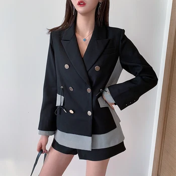 

Korea2020 Spring New Plaid Pathcwork Blazer Female Double Breasted Temperament Popular Loose Personality Women's Jacket PC402