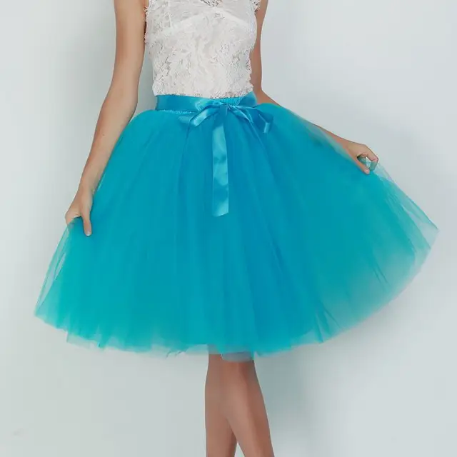 6Layers 65cm Fashion Tulle Skirt Pleated Tutu Skirts Women Lolita Petticoat Bridesmaids Sweet Party Midi Skirt Mini Skirt Dress blue