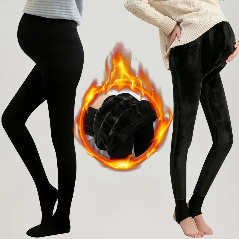Pregnant Thick Winter Step Foot leggings Maternity Full Length Warm Pants Plus Velvet Solid Slim Leggings For Pregnancy Clothes