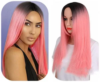 

MANWEI Long Straight Ombre Pink Heat Resistant Synthetic Two Tone Wigs For Women 26 inch Black Brown Blue hairpiece 8 colors