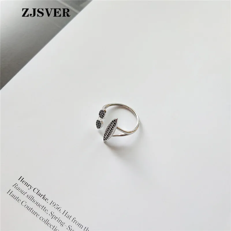 

ZJSVER Korean Jewelry 925 Sterling Silver Rings Fashion Black Crystal Smiley Face Moon Opening Adjustable Women Ring For Present