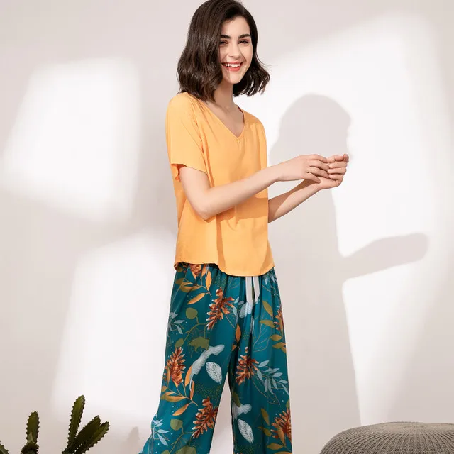Breathable 2PCS Pajama Short Sleeve Printed Pijama Mujer Femme Loose Nightwear Suit Female Casual Homewear Pajama Set For Women I