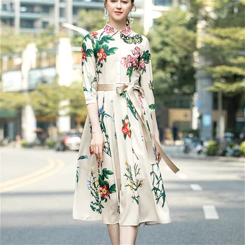 

2020 Summer New Long Sleeve Single Breasted Slim Print Bohemia Elegant Temperament Belt High Quality Women's Shirt Dress