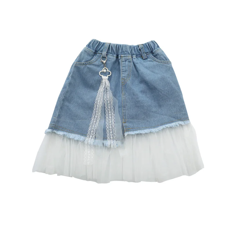 

2019 Summer New Children Girl Clothing Lace Stitching Denim Skirt With Mesh Princess Tulle Pettiskirt For 2-16Y