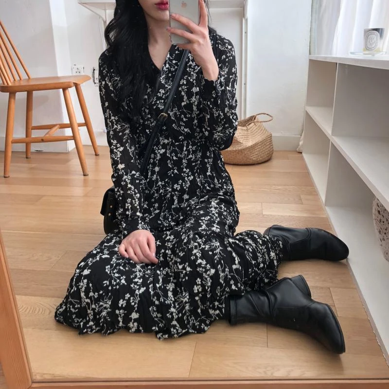 

2019 White Chiffon Dress Korean Floral Printing Ruffles Midi Dress Pleated Hem Elegant Party Vestidos