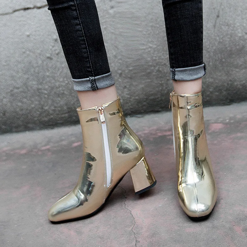 

YMECHIC Fashion Autumn Winter Short Plush Mirror Patent Pu Square Toe Gold Silver Black Ankle Boots High Hoof Heels Womens Shoes