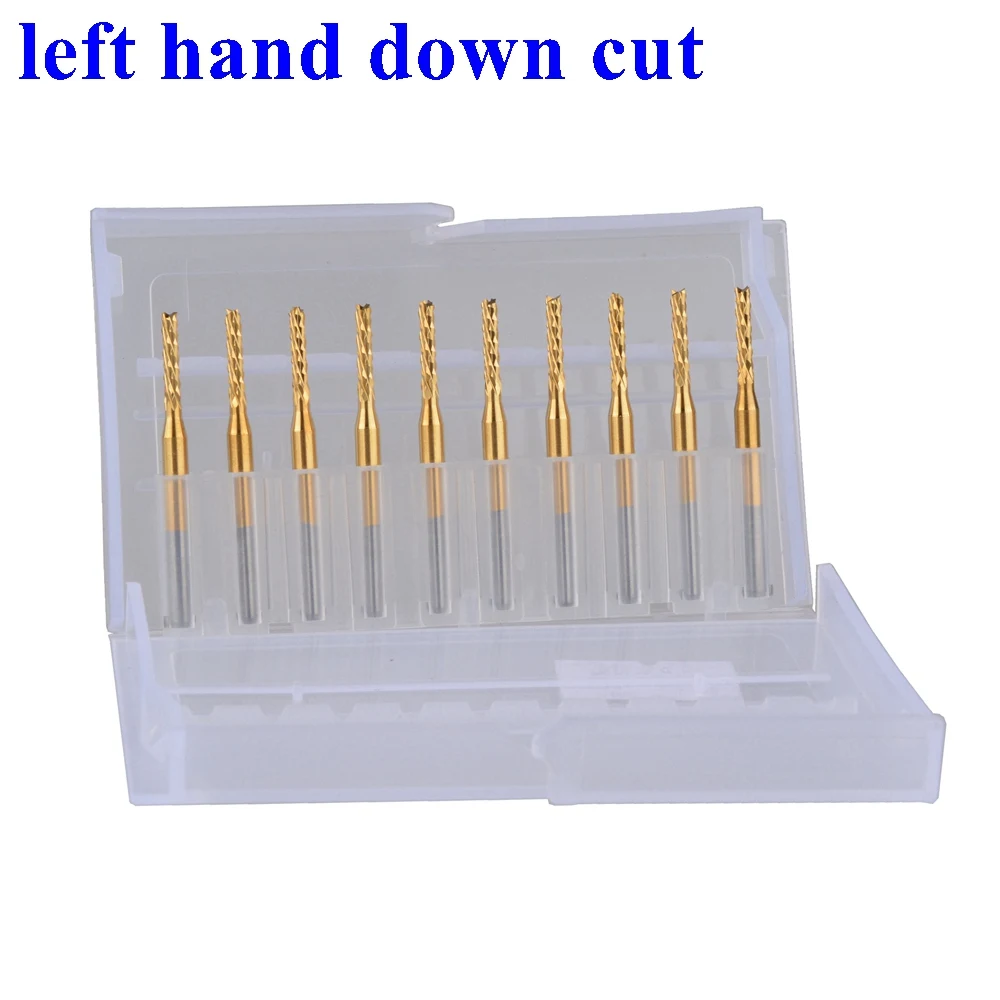 

10pc 3.175X2.0X10.5mm Titanium Left Spiral PCB milling cutter down cut Corn end mill Engraving Bit CNC PCB drill bit Set