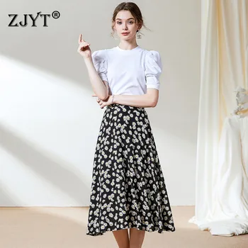 

Fashion 2020 Summer 2Piece Set Women Elegant Casual Outfits Puff Sleeve White T Shirt Floral Print Skirt Suit Matching Sets