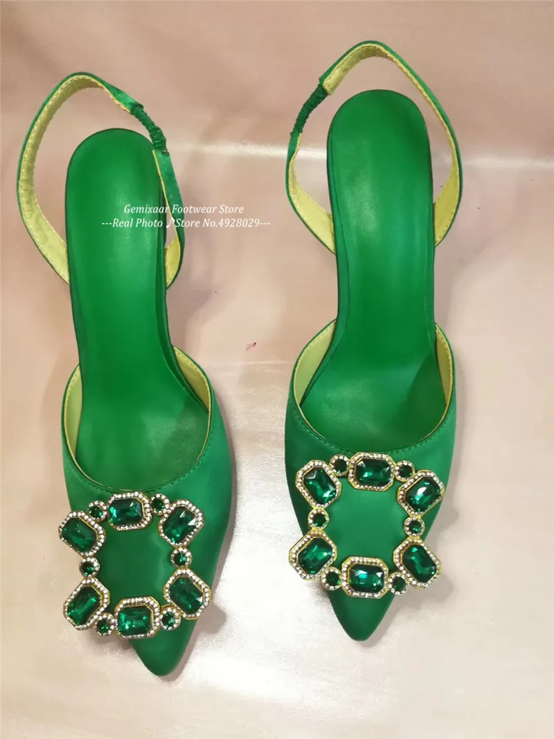 Зеленые Сатиновые босоножки с украшениями; женская обувь с острым носком; Узкие слипоны; Sandalias; коллекция года; шикарные женские босоножки на тонком высоком каблуке