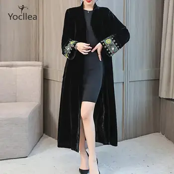 

Bright Velvet Long Trench Coat plus size 4XL female 2020 Autumun winter V-neck nail bead Embroidery Outwear
