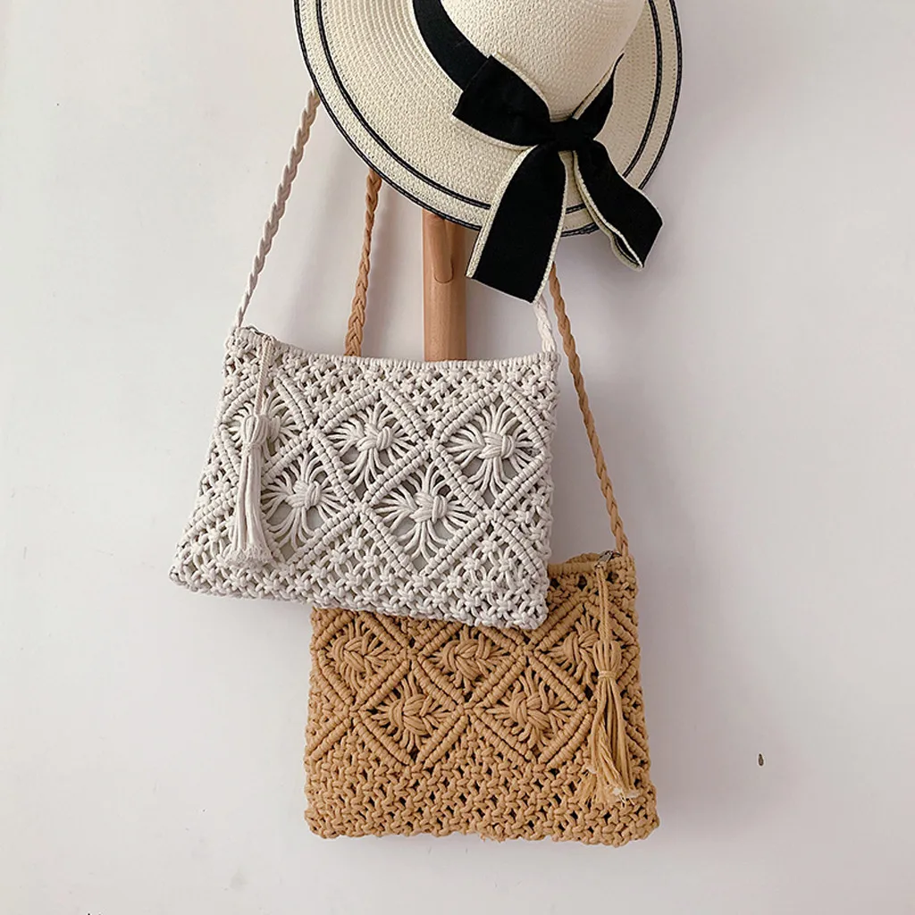 

Women Tassel Woven Shoulder Bag Summer Beach Small Straw Knitting Crossbody Bags Bohemian Designer Knitting Messenger Bag #T30