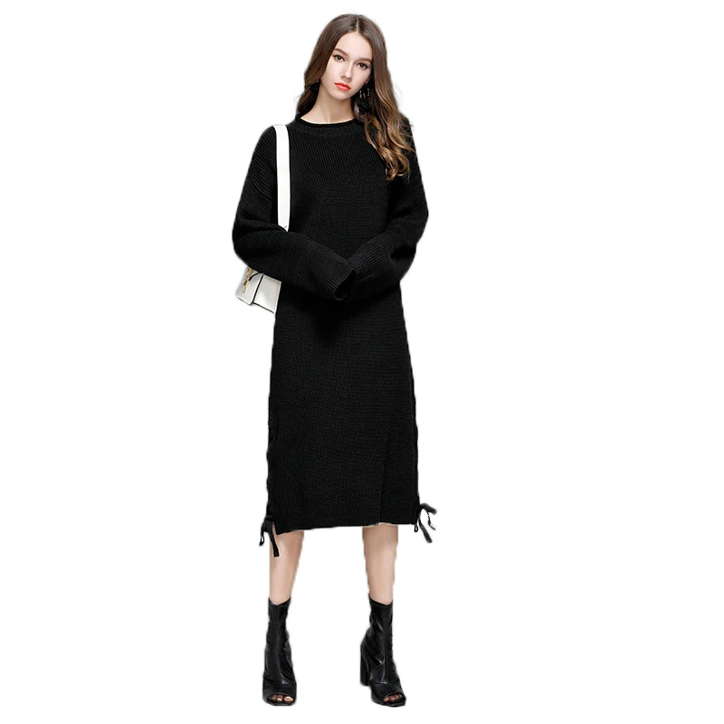 MY0007Black Autumn Long Sweater Dress Women Knitted Long Sweater Winter Loose Warm Sweaters Ladies Pullover O-neck Black Sweater Women - Цвет: MY0007Black
