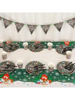 

Christmas Party Supplies Disposable Dinnerware Set 10 Guests Banner Paper Plates R9JC