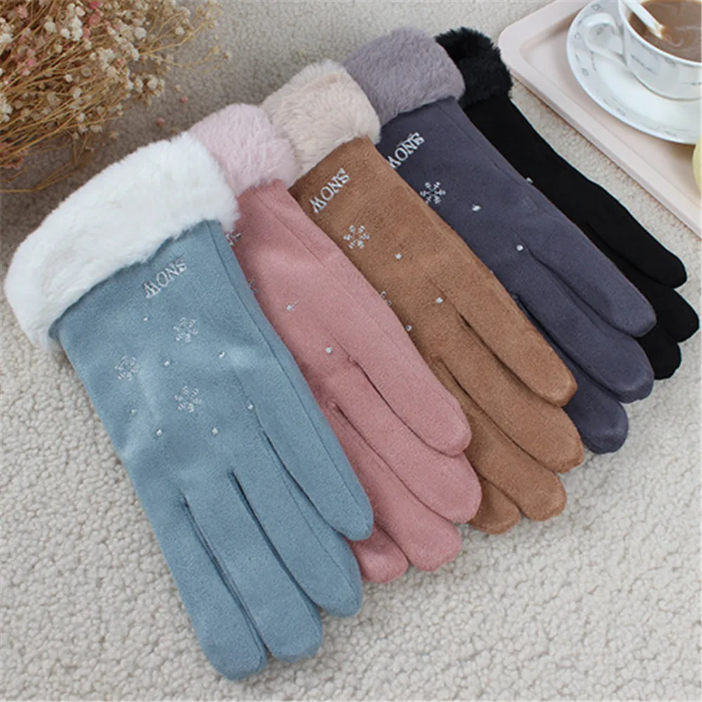 Winter Female Warm Cashmere Bicycle Mitten Double Thick Plush Wrist Bike Gloves Women Touch Screen Driving Gloves Thermal Gloves