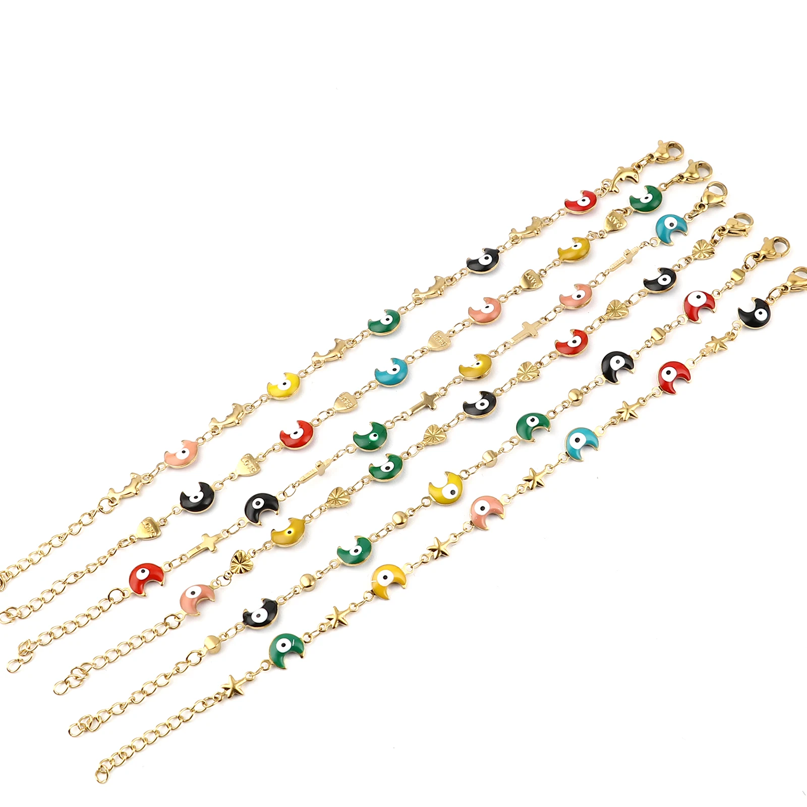 

Stainless Steel Bracelets Turkish Eye Gold Color Moon Round Evil Eye Enamel Bracelets For Women Jewelry Gifts On Hand, 1 Piece