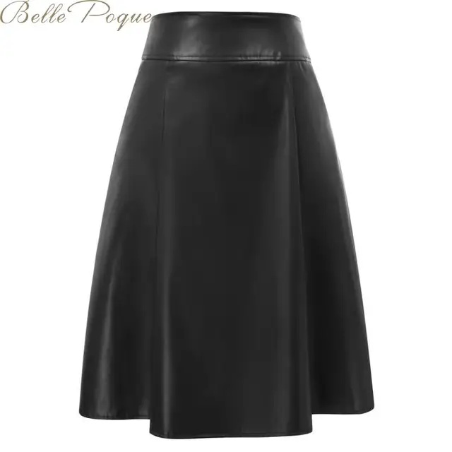 US $12.12 Belle Poque Leather Skirts Women Pleated Elegant Office Midi Skirts Female Elastic A line Ladies Sk