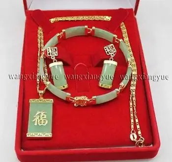 

Free Shipping Green Jadess Inlay Link Bracelet earrings Necklace Pendant Set ** plated watch wholesale Quartz jade CZ crystal